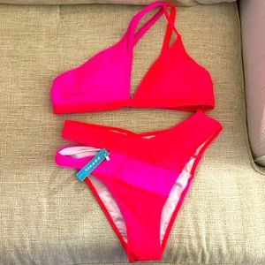 Popvil cutout one shoulder color block bikini set